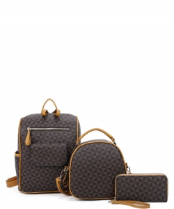 3 In1 Triangle Monogram Multi Design Backpack with Matching Bag and Wallet Set SJ21361 MUSTARD